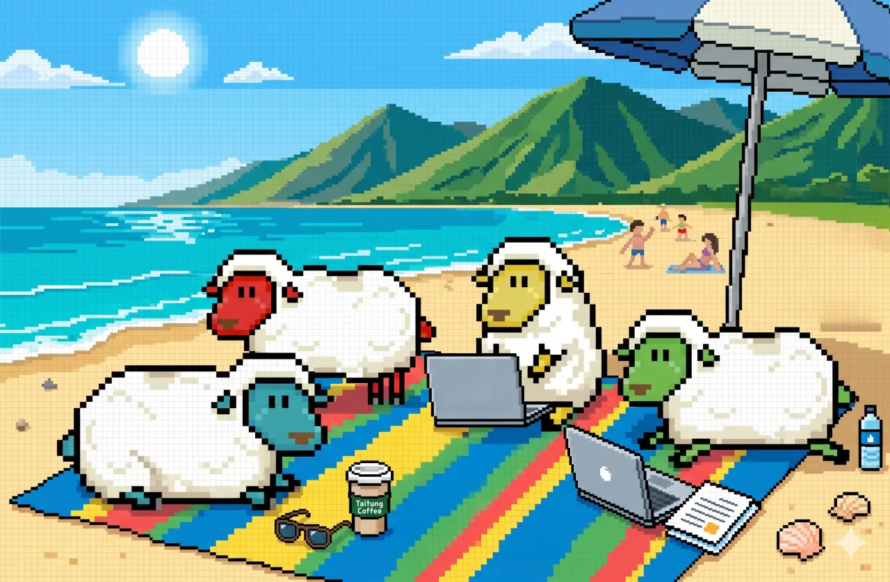 Four pixel-art sheep working on a Taitung beach