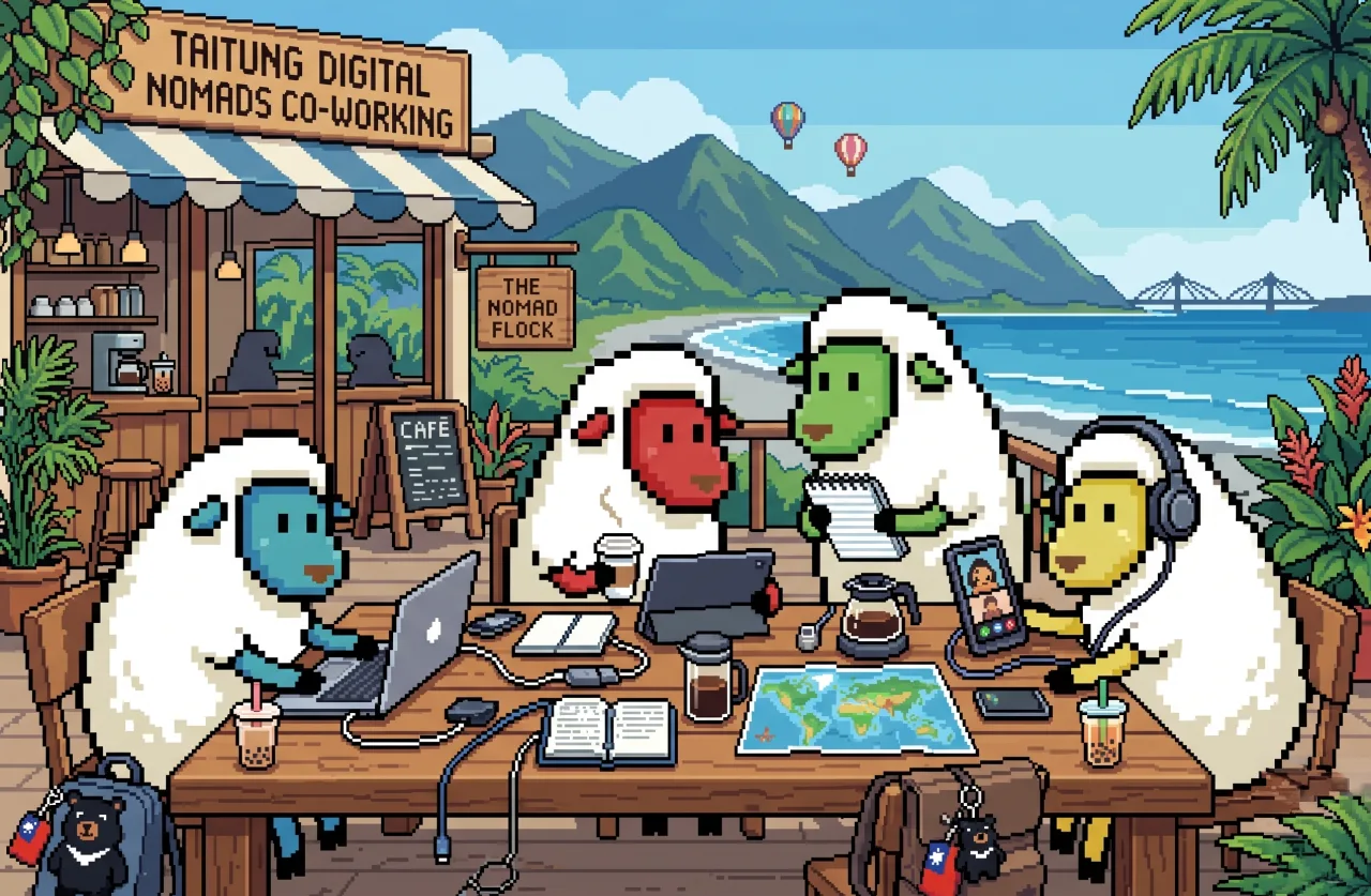Four pixel-art sheep co-working at a Taitung cafe — the Nomad Flock