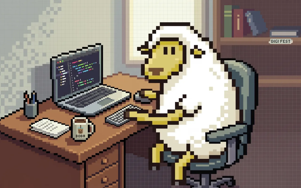 Pixel-art sheep working at a laptop — Hualien workation