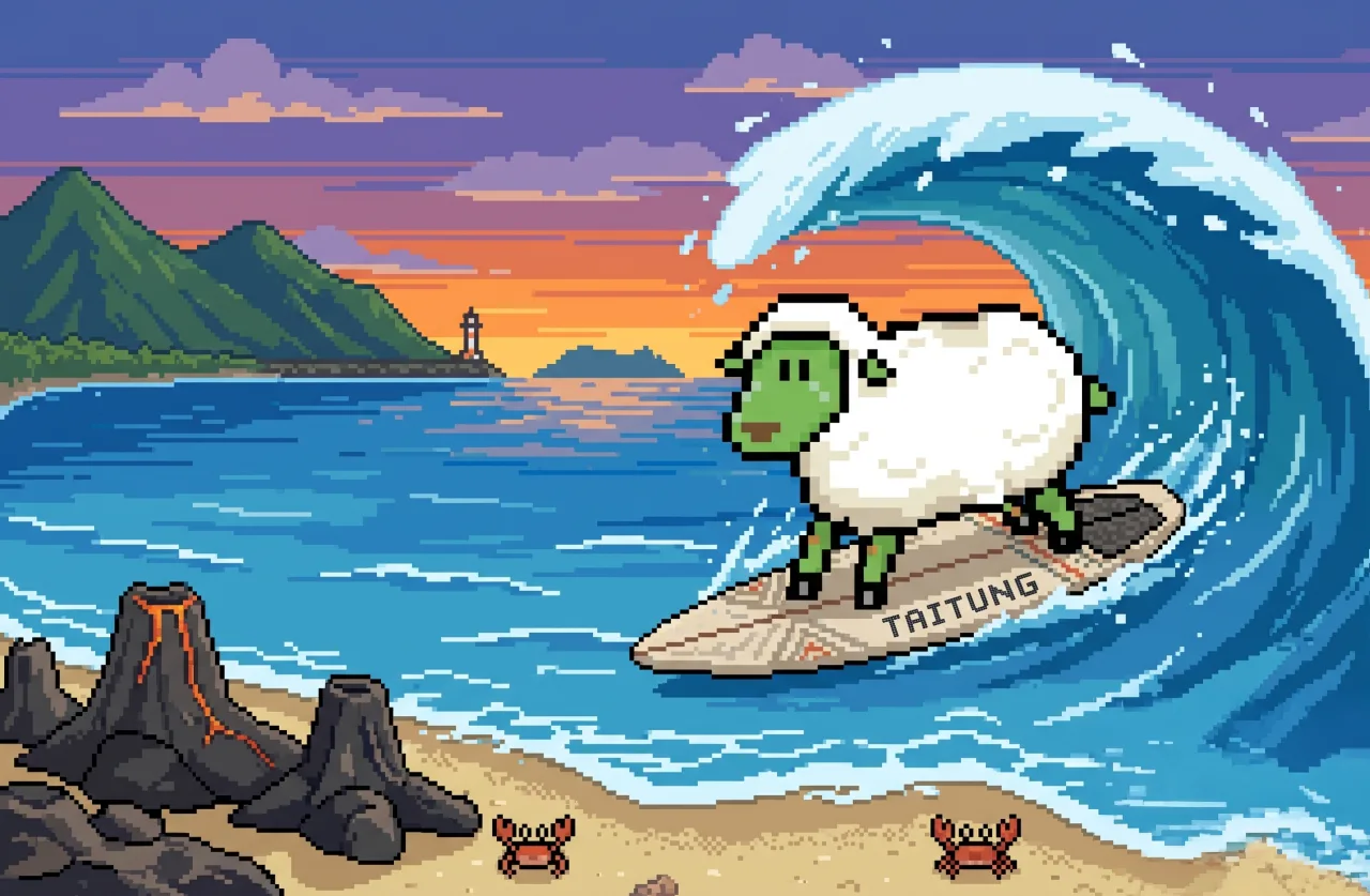 Pixel-art sheep surfing an ocean wave