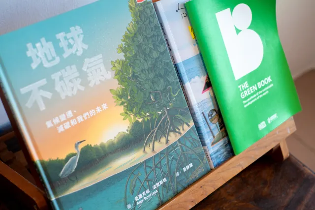 Books on a wooden shelf, including an illustrated climate-change title in Chinese and a green sustainability book