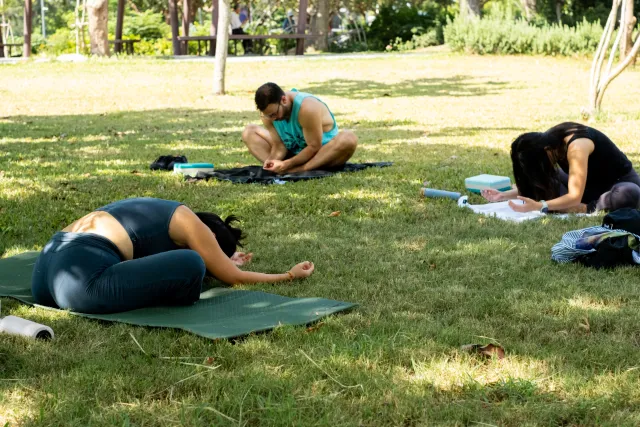 participants in child's pose and seated stretch on yoga mats outdoors on grass